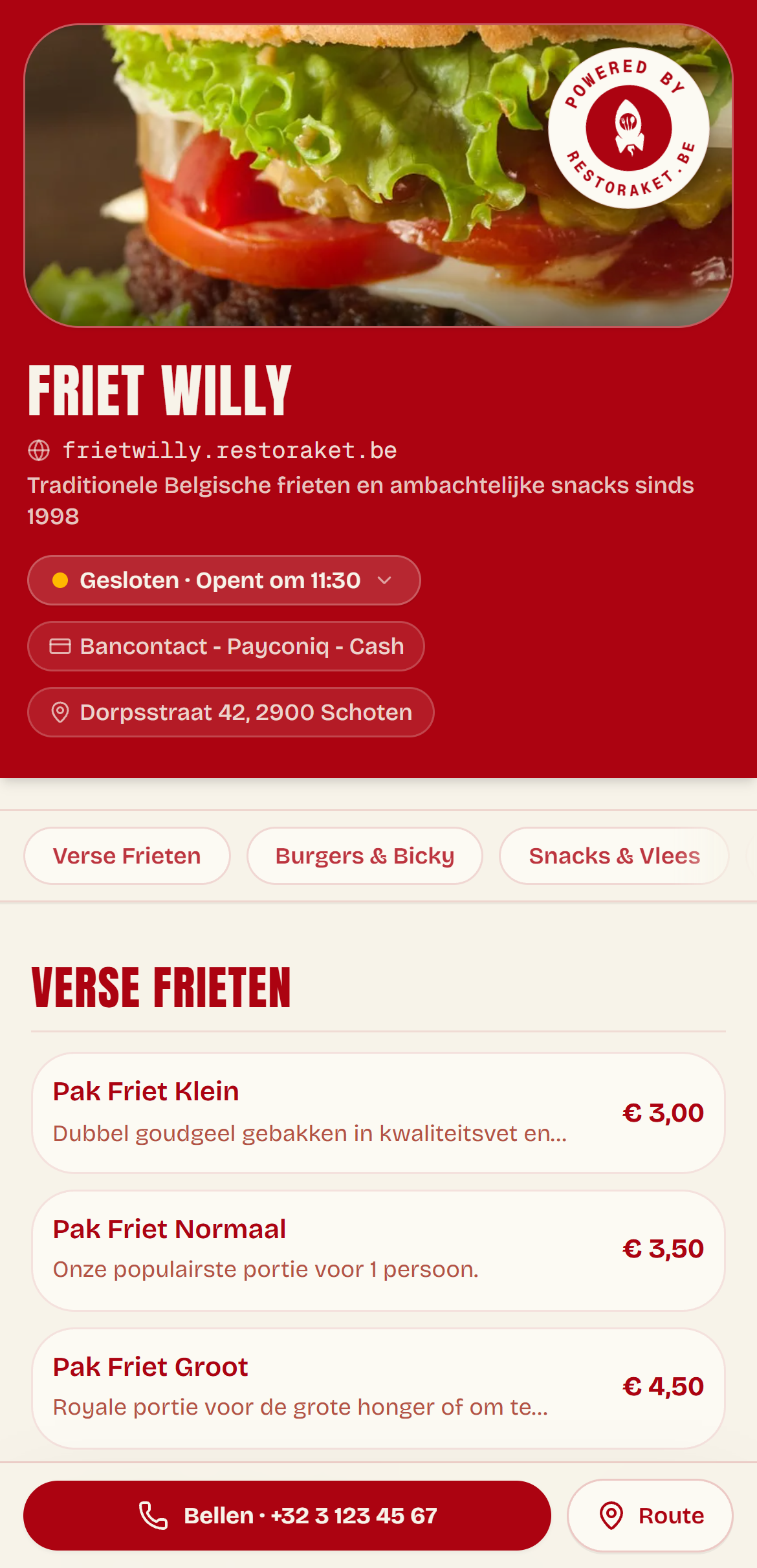 Digitale menukaart van Friet Willy op smartphone